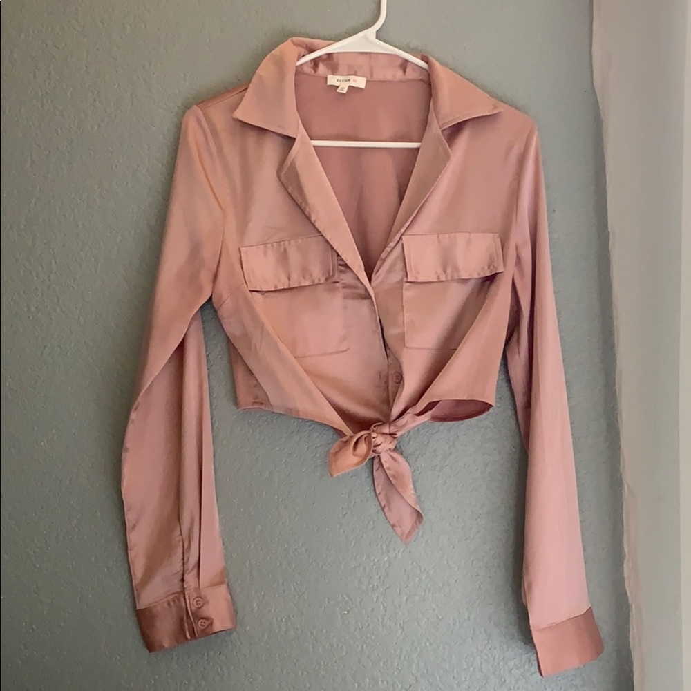 Silky rose pink button up shirt with knot